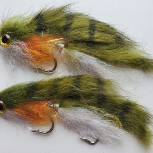 Green, white and orange articulated streamer fly